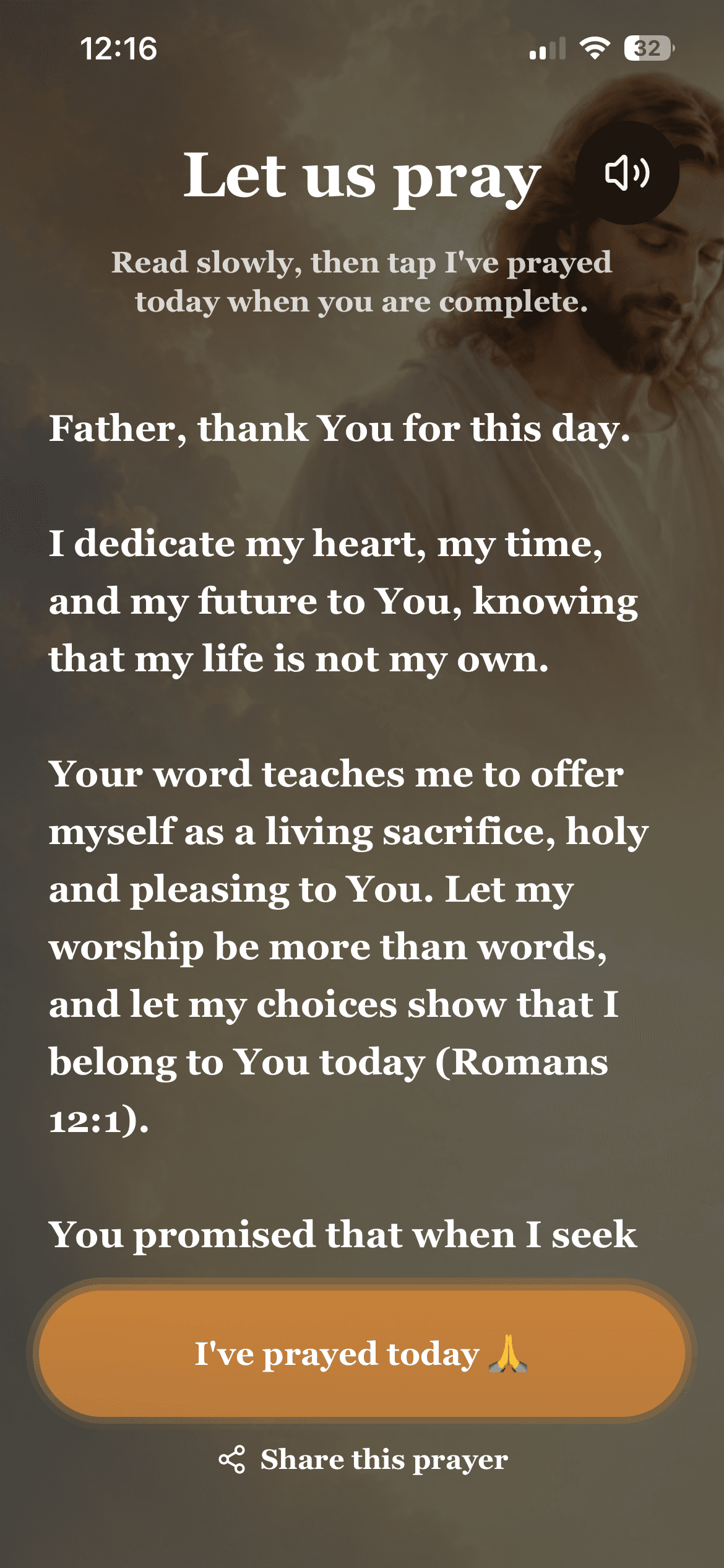 Prayer result screen showing the daily prayer prompt